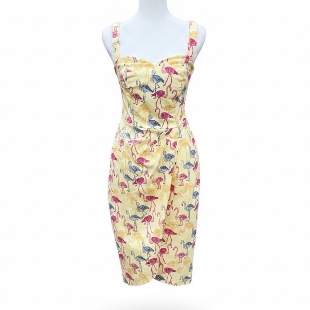 Collectif Flamingo Cotton Midi Dress Yellow Sz 6 Pinup Retro Summer Tropical 50s